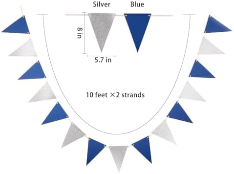 MOWO Silver Blue Pennant Banner Bunting Garland 20 Feet