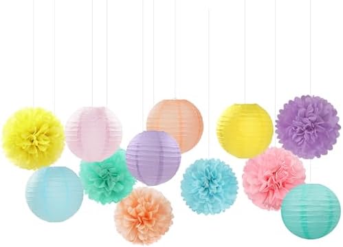 Pastel Rainbow Paper Flowers and Lanterns 15PCS Decor Set