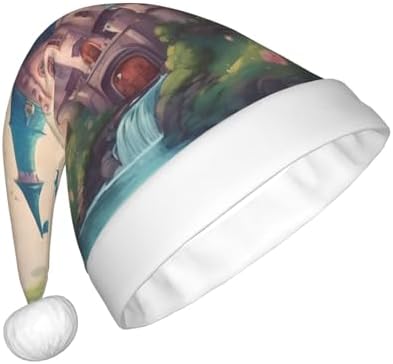 Cute Fairy Tale Castle Print Santa Hat Plush for Adults