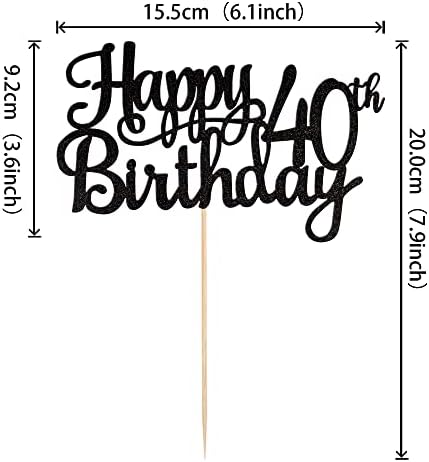 Happy 40th Birthday Cake Topper with Glitter Bamboo Stick
