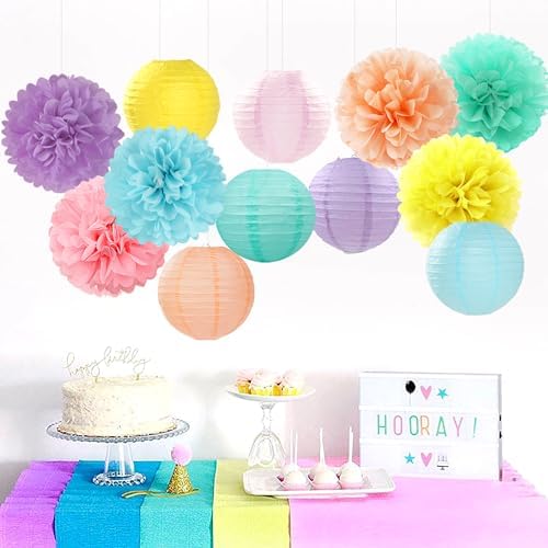 Pastel Rainbow Paper Flowers and Lanterns 15PCS Decor Set