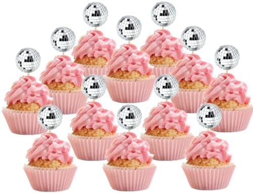 JOERSH 24pcs Disco Ball Cupcake Toppers Silver