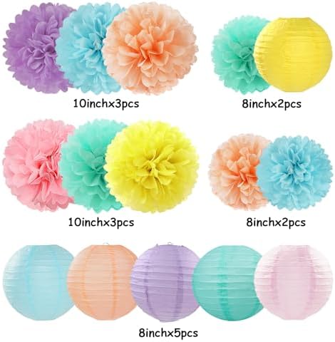 Pastel Rainbow Paper Flowers and Lanterns 15PCS Decor Set