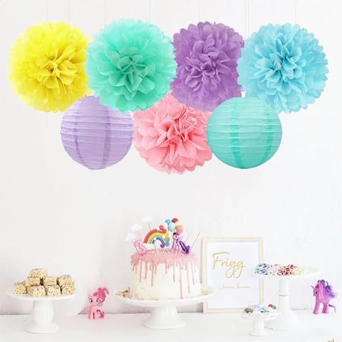 Pastel Rainbow Paper Flowers and Lanterns 15PCS Decor Set
