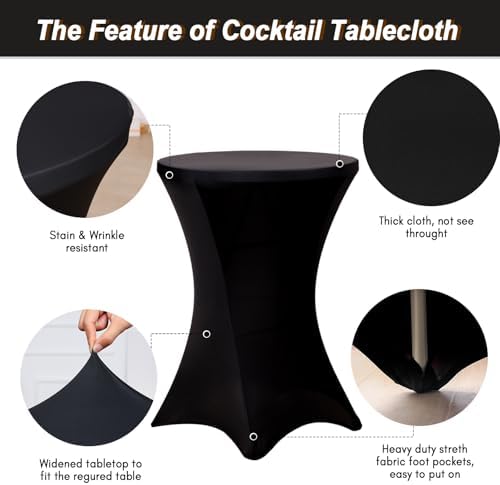 Fixwal 4 Pack Spandex Cocktail Table Covers Black Stretch Round