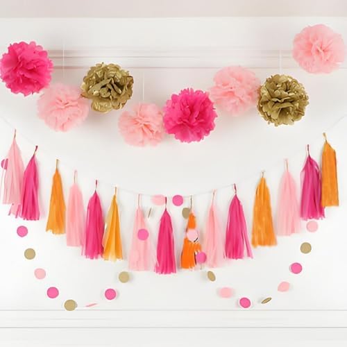 Orange and Pink Rose Red Paper Tassels Garland Banner 30PCS