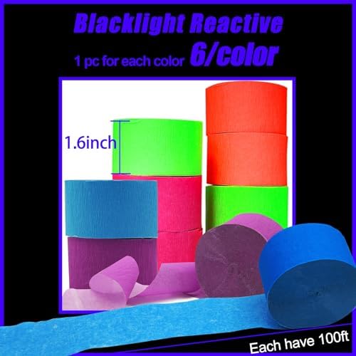 6 Rolls Neon Streamers UV Glow Birthday Party Decor