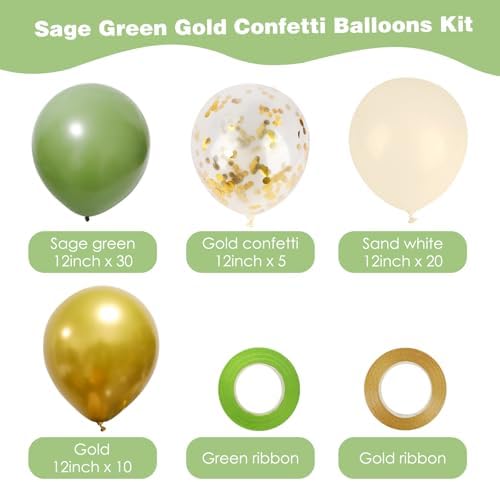 RUBFAC 65 Pcs 12 Inch Green Gold Confetti Balloons Kit with Ribbons