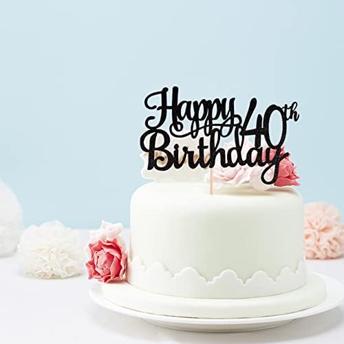 Happy 40th Birthday Cake Topper with Glitter Bamboo Stick