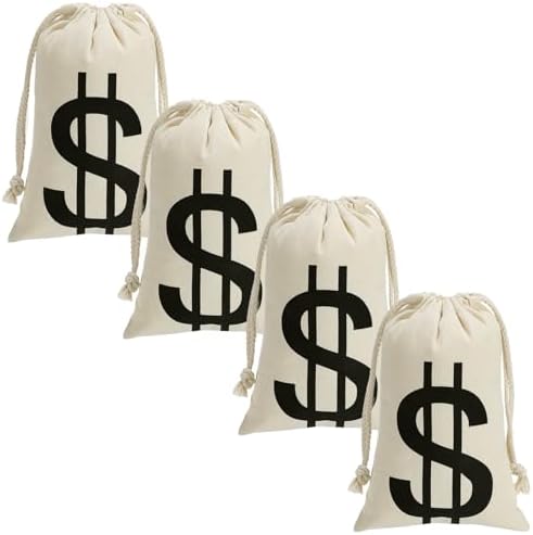 4Pcs Halloween Canvas Money Bags with Dollar Sign for Costume Parties