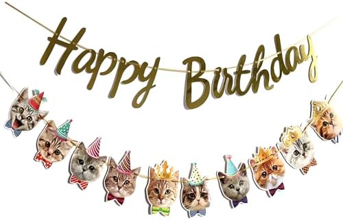 Happy Birthday Cat Banner Garland with Gold Sign
