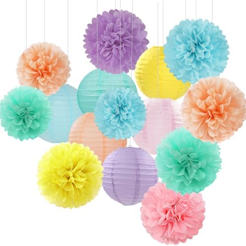 Pastel Rainbow Paper Flowers and Lanterns 15PCS Decor Set