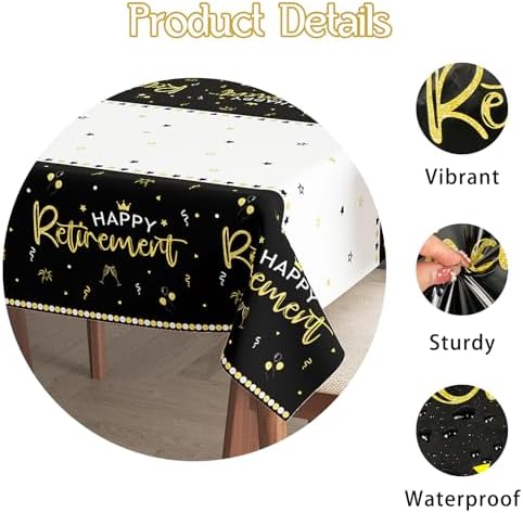 3 Pack Happy Retirement Tablecloth Black Gold 54x108 Inch