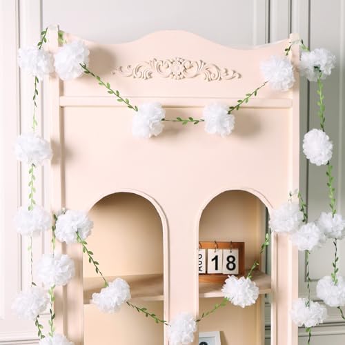 Homarkable Tissue Paper Pom Pom Garland with Green Leaves