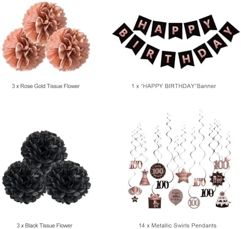 BRT Bearingshui 100th Birthday Streamers Decoration Set Rose Gold Black