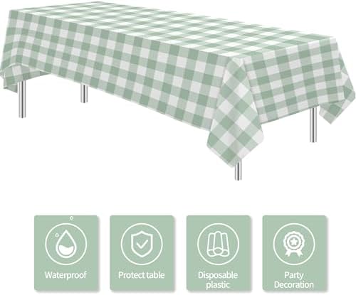 Sage Green Gingham Tablecloth 3 Pack for Birthday and Baby Shower