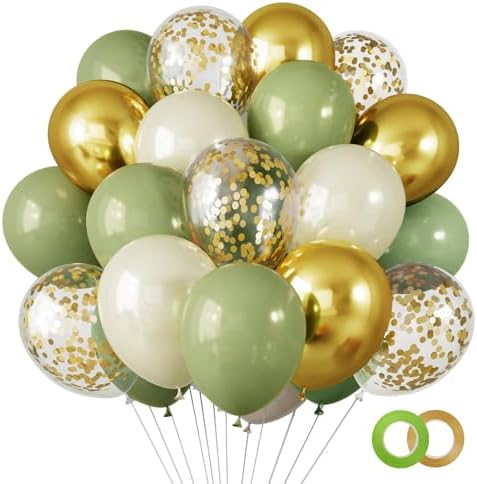 RUBFAC 65 Pcs 12 Inch Green Gold Confetti Balloons Kit with Ribbons