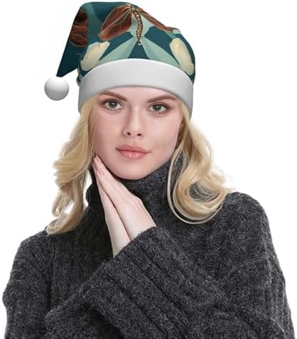 Dragonfly and Lotus Print Christmas Santa Hat for Adult