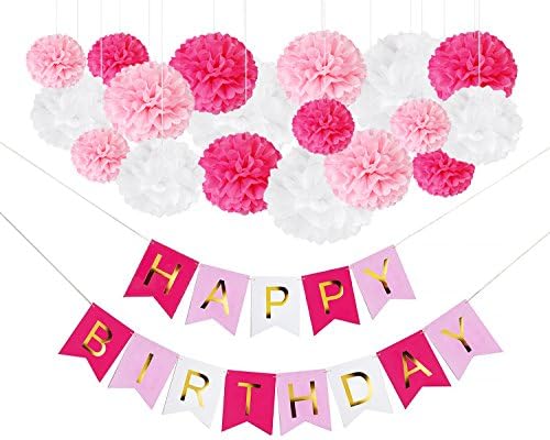 DIY Pink Birthday Decor Kit with Pom Poms and Banner