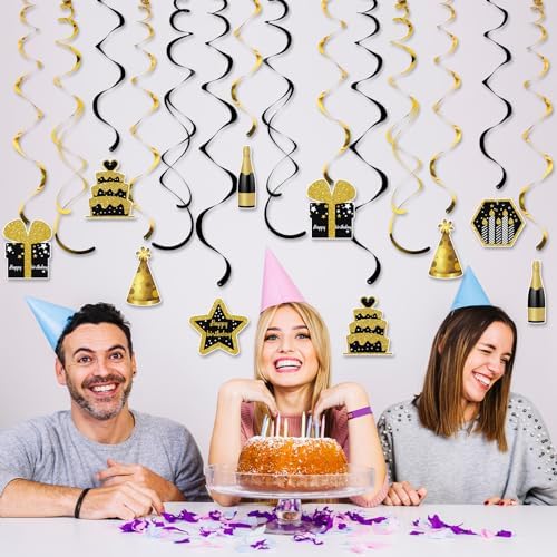 Gold and Black Birthday Ceiling Streamers 18Pcs