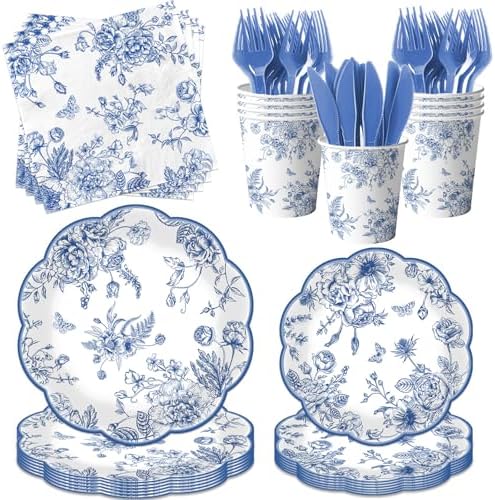 144Pcs Blue Floral Plates and Napkins Set