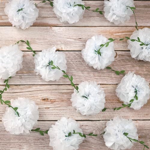 Homarkable Tissue Paper Pom Pom Garland with Green Leaves