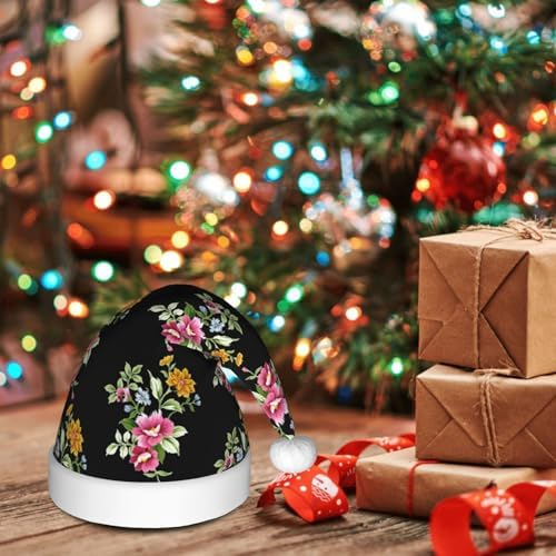 Hand Painted Flower Print Christmas Santa Hat Plush Funny Adult