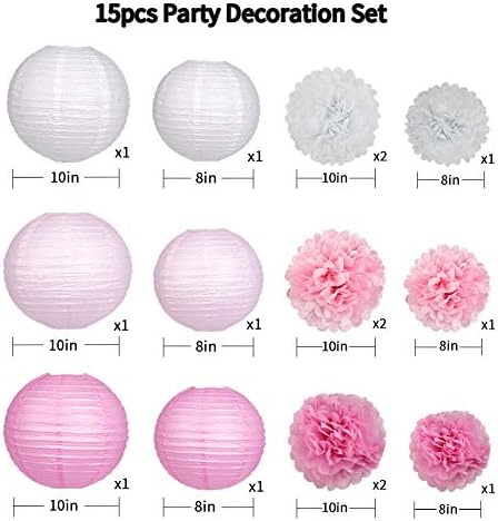 15Pcs Pink White Party Pack Paper Lanterns and Pom Pom Balls
