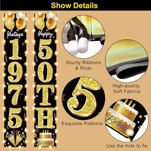 50th Birthday Black Gold Banner with LED Light