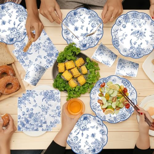 144Pcs Blue Floral Plates and Napkins Set