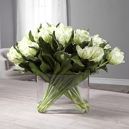 Kimbry White Tulip 27 Inch Faux Flowers in Oval Glass Vase