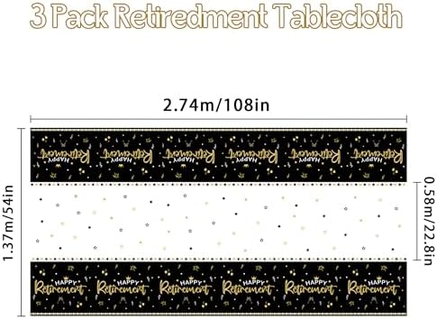 3 Pack Happy Retirement Tablecloth Black Gold 54x108 Inch