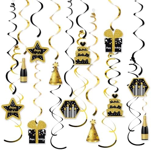 Gold and Black Birthday Ceiling Streamers 18Pcs