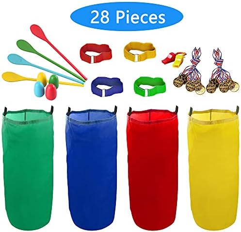 28PCS Potato Sack Race Bags with Gold Medals and Whistles