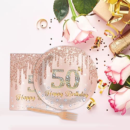 96 Piece 50th Birthday Tableware Set Pink Rose Gold