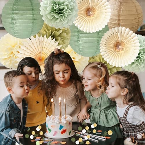 Sage Green Party Decorations Set with Pom Poms and Lanterns