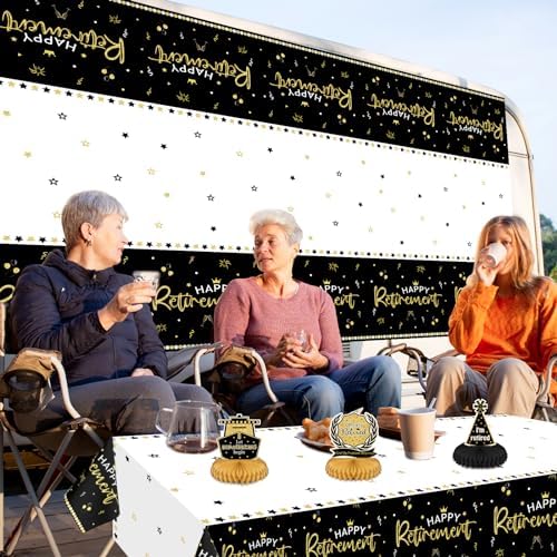 3 Pack Happy Retirement Tablecloth Black Gold 54x108 Inch
