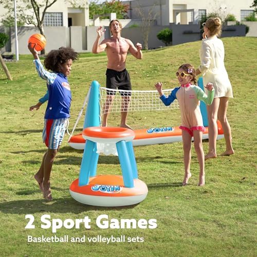 JOYIN Inflatable Pool Float Set with Volleyball Net and Basketball Hoops