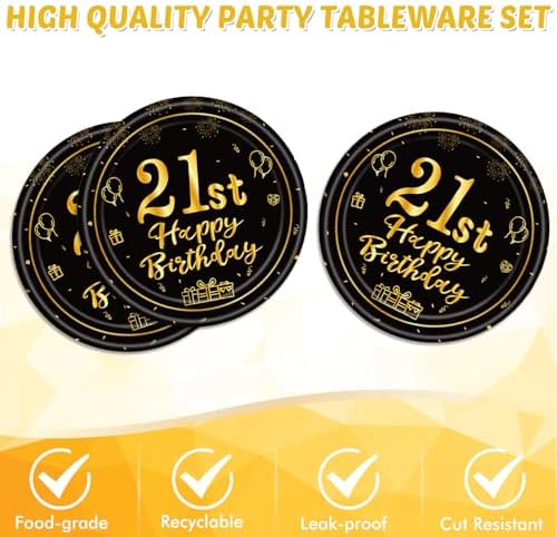 40 Pcs 21st Birthday Black Gold Tableware Set