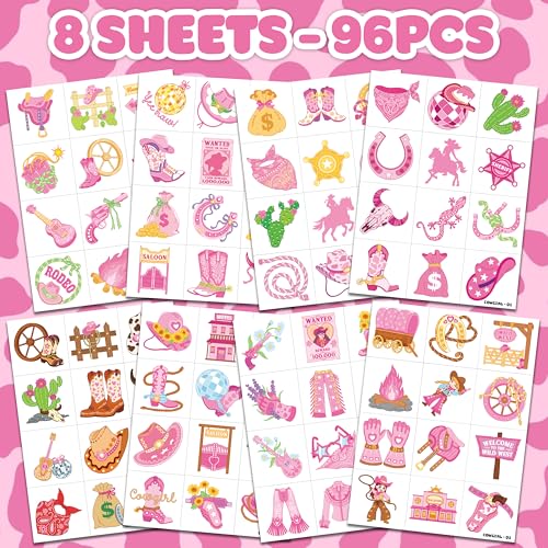 96 PCS Pink Disco Cowgirl Temporary Tattoos for Kids