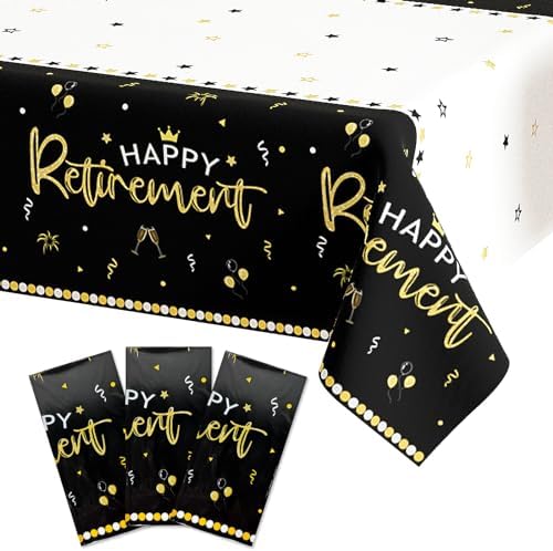3 Pack Happy Retirement Tablecloth Black Gold 54x108 Inch