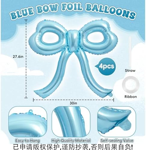 4 Pcs Blue Bow Balloons for Birthday Party Decorations