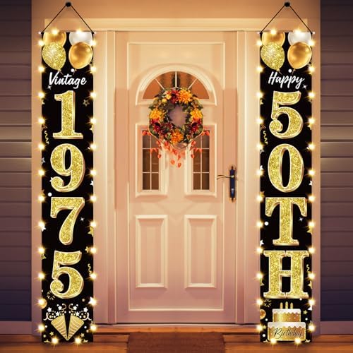50th Birthday Black Gold Banner with LED Light