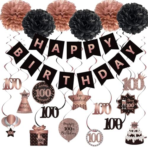 BRT Bearingshui 100th Birthday Streamers Decoration Set Rose Gold Black