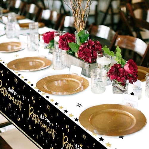 3 Pack Happy Retirement Tablecloth Black Gold 54x108 Inch