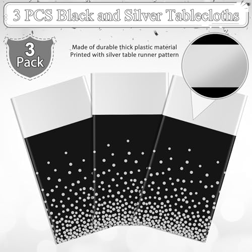 3Pcs Black and Silver Tablecloth Party Decorations