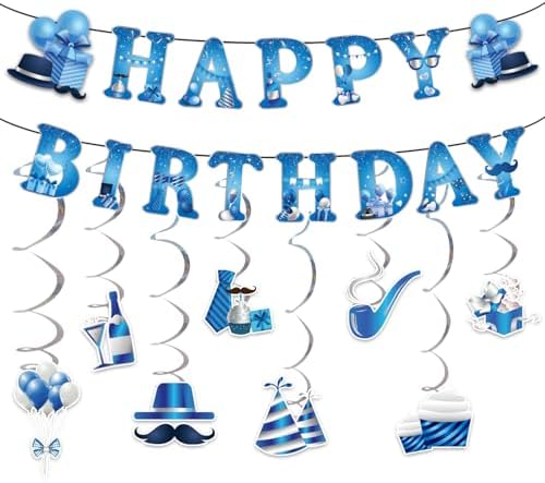 Silver Blue Birthday Decorations 8PCS Hanging Streamers Banner Set