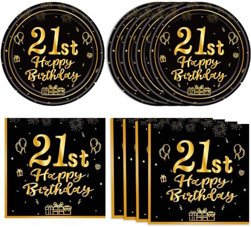 40 Pcs 21st Birthday Black Gold Tableware Set