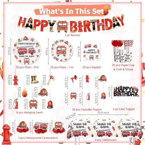 177pcs Firetruck Birthday Decorations Set for Firefighter Party