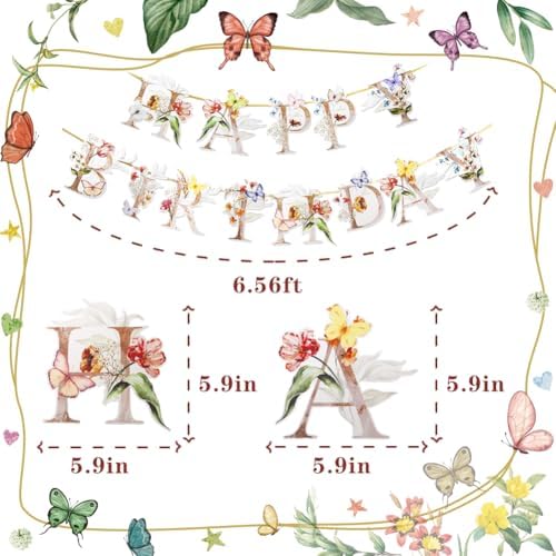 Flower Butterfly Happy Birthday Banner for 1st to 70th Birthday Party